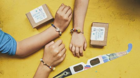 unique solar system bracelets featured on wrists with packaging