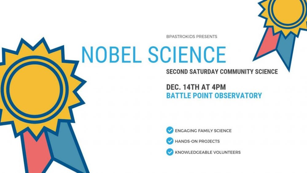 two ribbons with text reading nobel science december 14th at 4pm battle point observatory