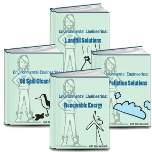Colllage of four light green lab book covers from the environmental engineering challenges unit. Covers read Environmental Engineering: Landfill solutions, renewable energy, air pollution solutions, and oil spill clean up. Images have an image of Rosie Research science girl logo and cartoon drawings for each challenge (oil covered bird, trash bags, clouds, and wind turbine).