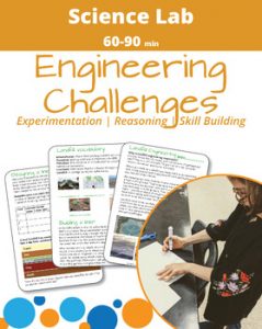 Cover page for the downloadable curriculum for the environmental engineering landfill challenge. Cover shows a student building a landfill and three images of pages included in the landfill claaenge lab book. One image shows the introduction page to the landfill design challenge, one image shows a landfill vocabulary page, one image shows the layers typically used to create safe landfills.